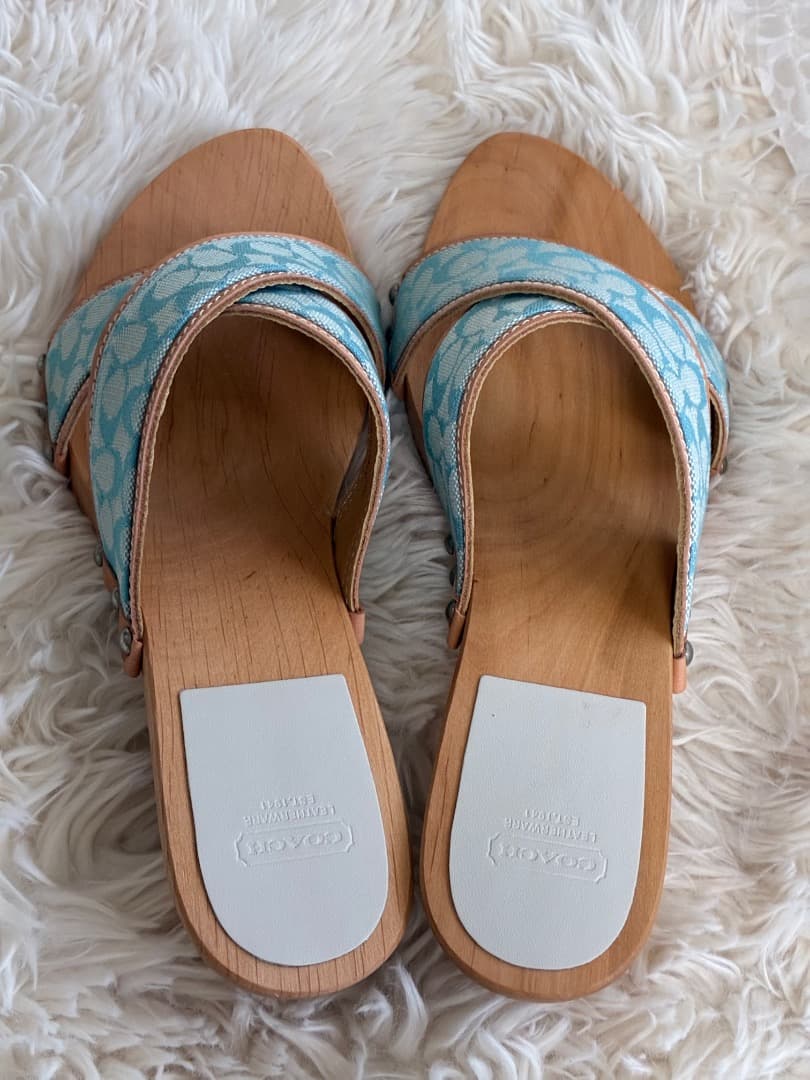 稀少　未使用品　ヴィンテージ　コーチシャロンブルー＆ブラウンレザー木製下駄