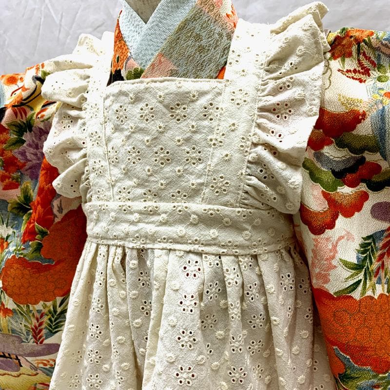 510ag41□七五三 三歳 アンティーク 女児 着物&被布エプロン 風景□美品