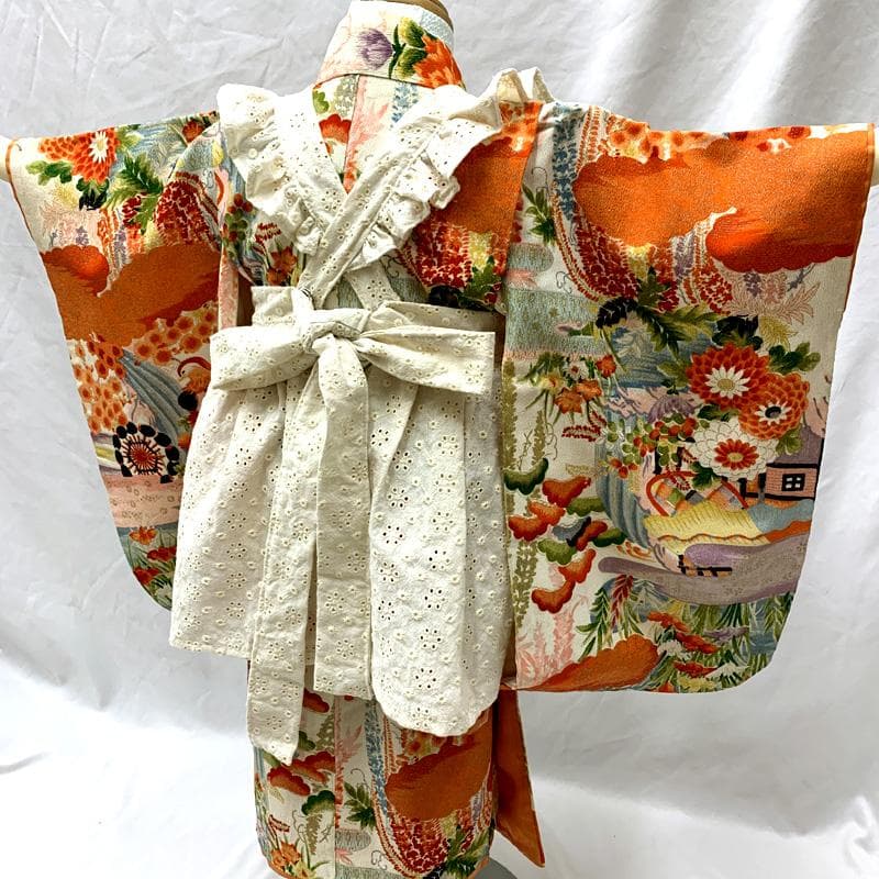 510ag41□七五三 三歳 アンティーク 女児 着物&被布エプロン 風景□美品