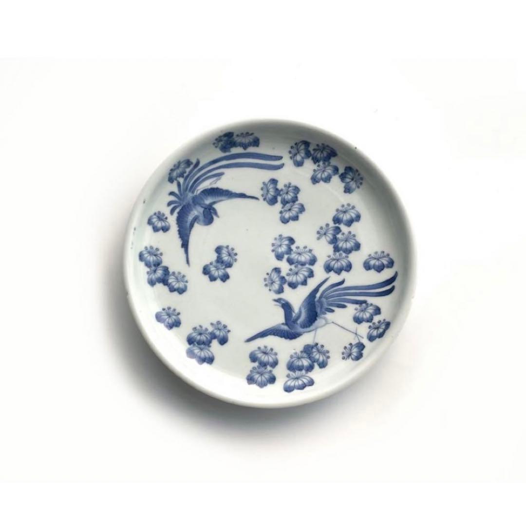 骨董　アンティーク　藍柿右衛門　桐鳳凰文様　六寸皿　丸皿　中皿　古伊万里　藍九谷