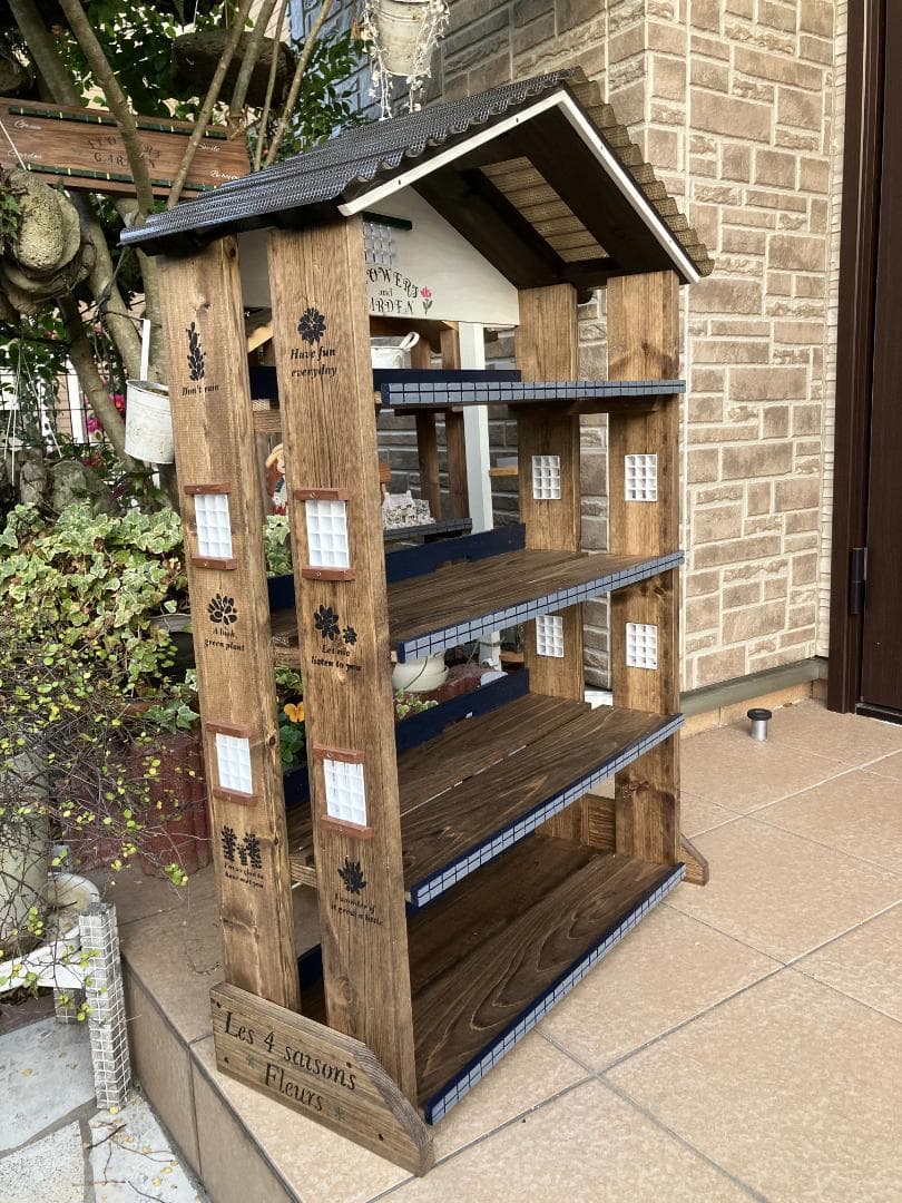 No12 三角屋根の簡単移動棚4段Flower end　Garden　brown