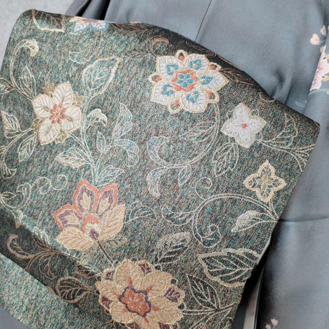 訪問着　フルセット　着物　正絹　トールサイズ　金彩加工　花　グレー地　O7