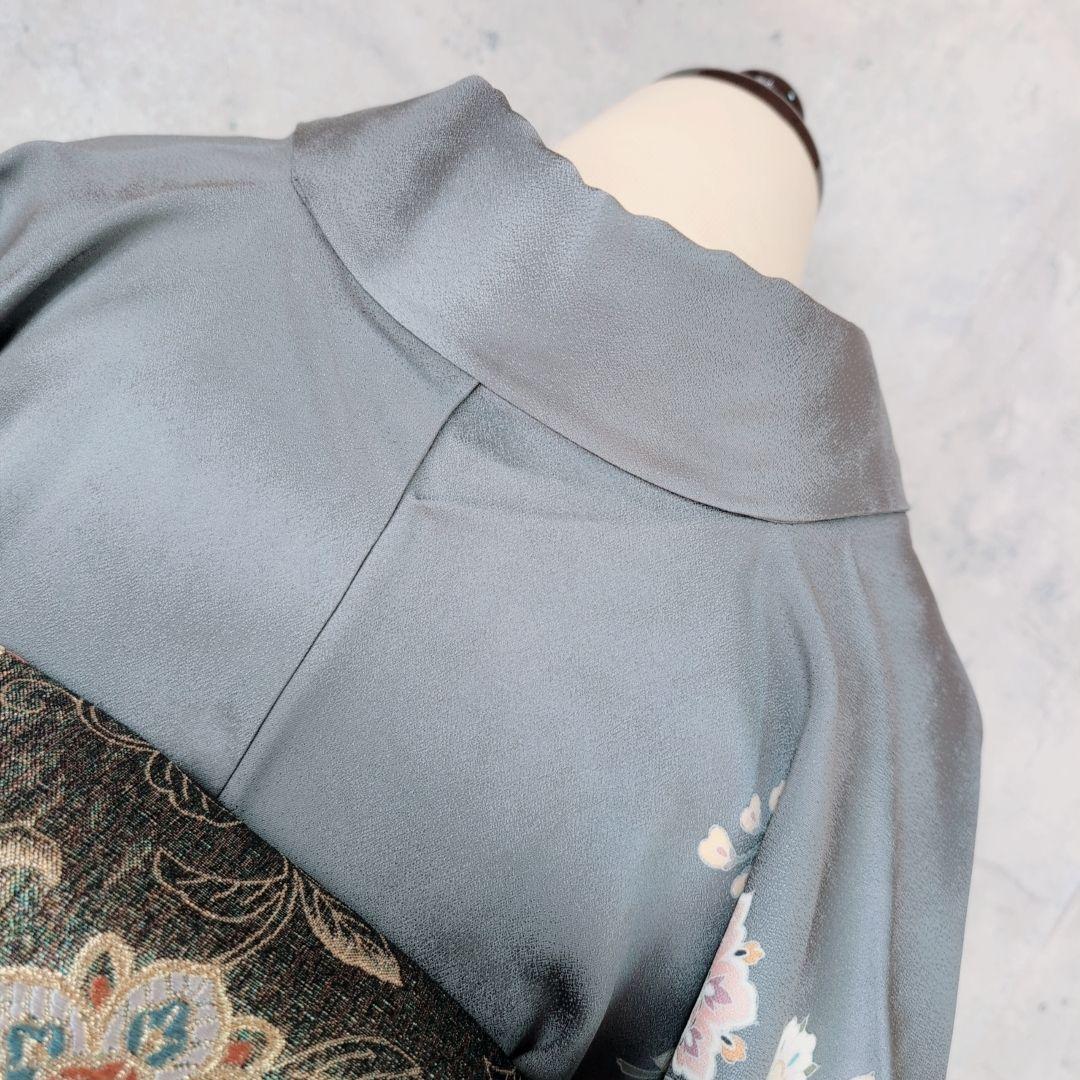 訪問着　フルセット　着物　正絹　トールサイズ　金彩加工　花　グレー地　O7