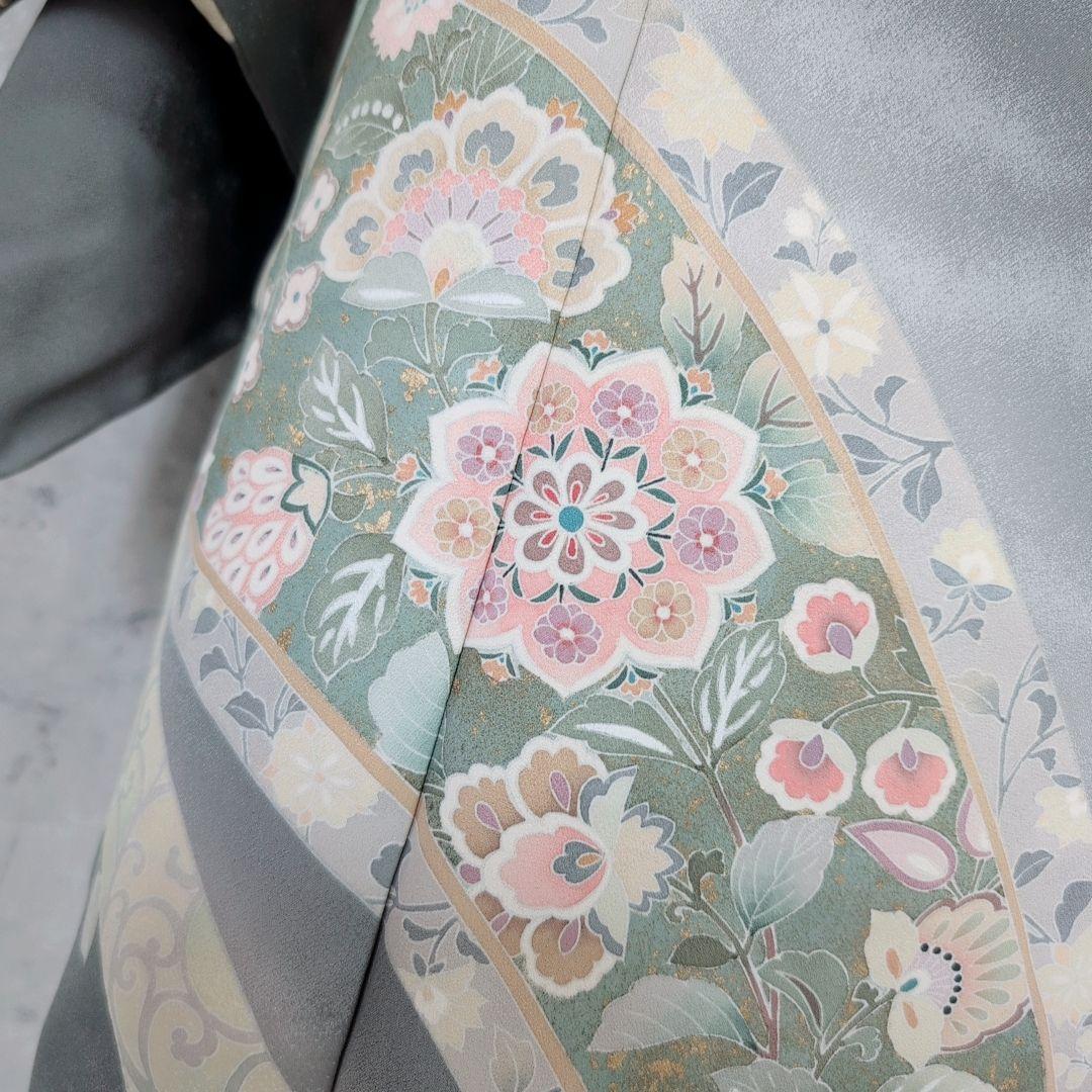 訪問着　フルセット　着物　正絹　トールサイズ　金彩加工　花　グレー地　O7