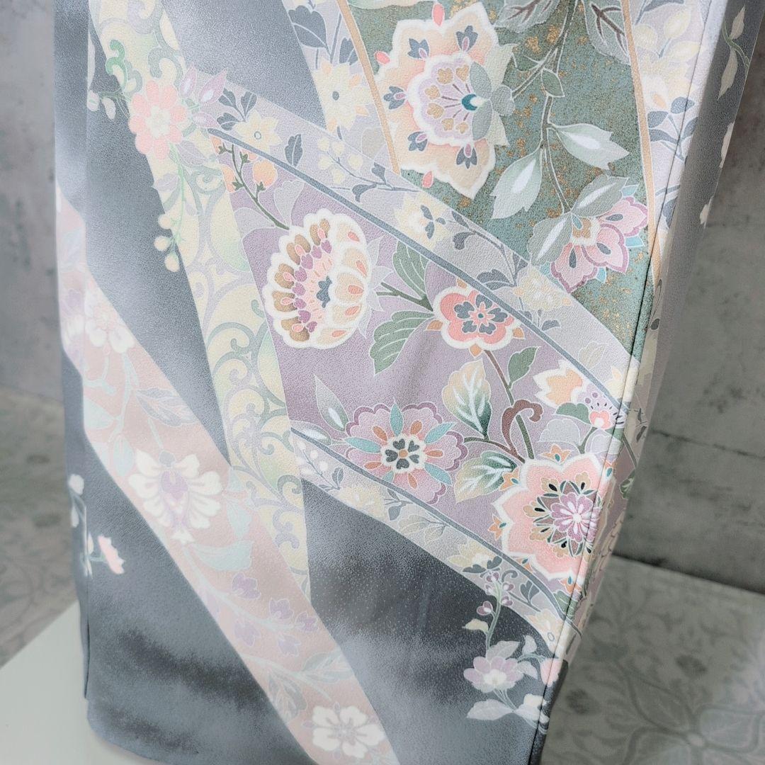 訪問着　フルセット　着物　正絹　トールサイズ　金彩加工　花　グレー地　O7