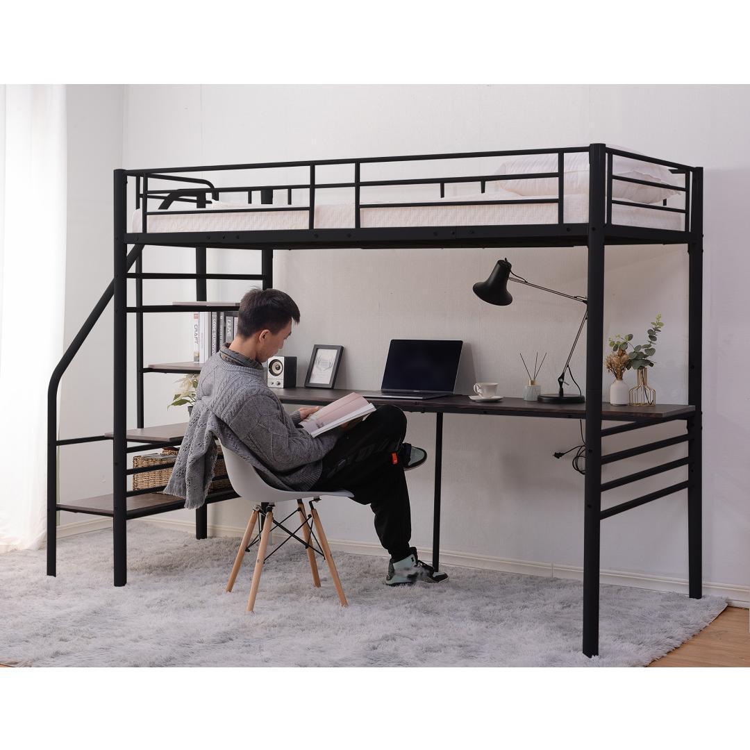 階段付きパイプベッド シングル コンセント付き収納子供ベッドスチール耐震ベッド
