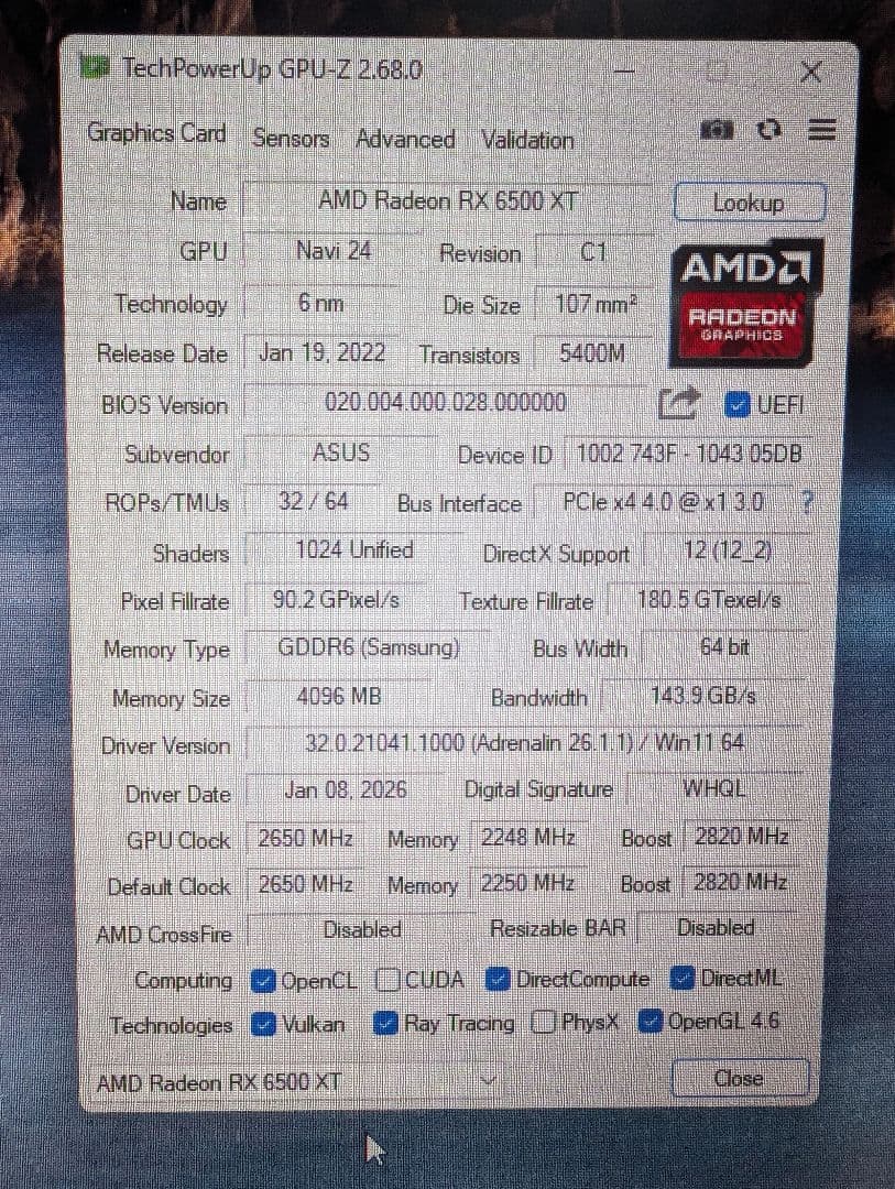 ASUS DUAL-RX6500XT-O4G グラフィックボード