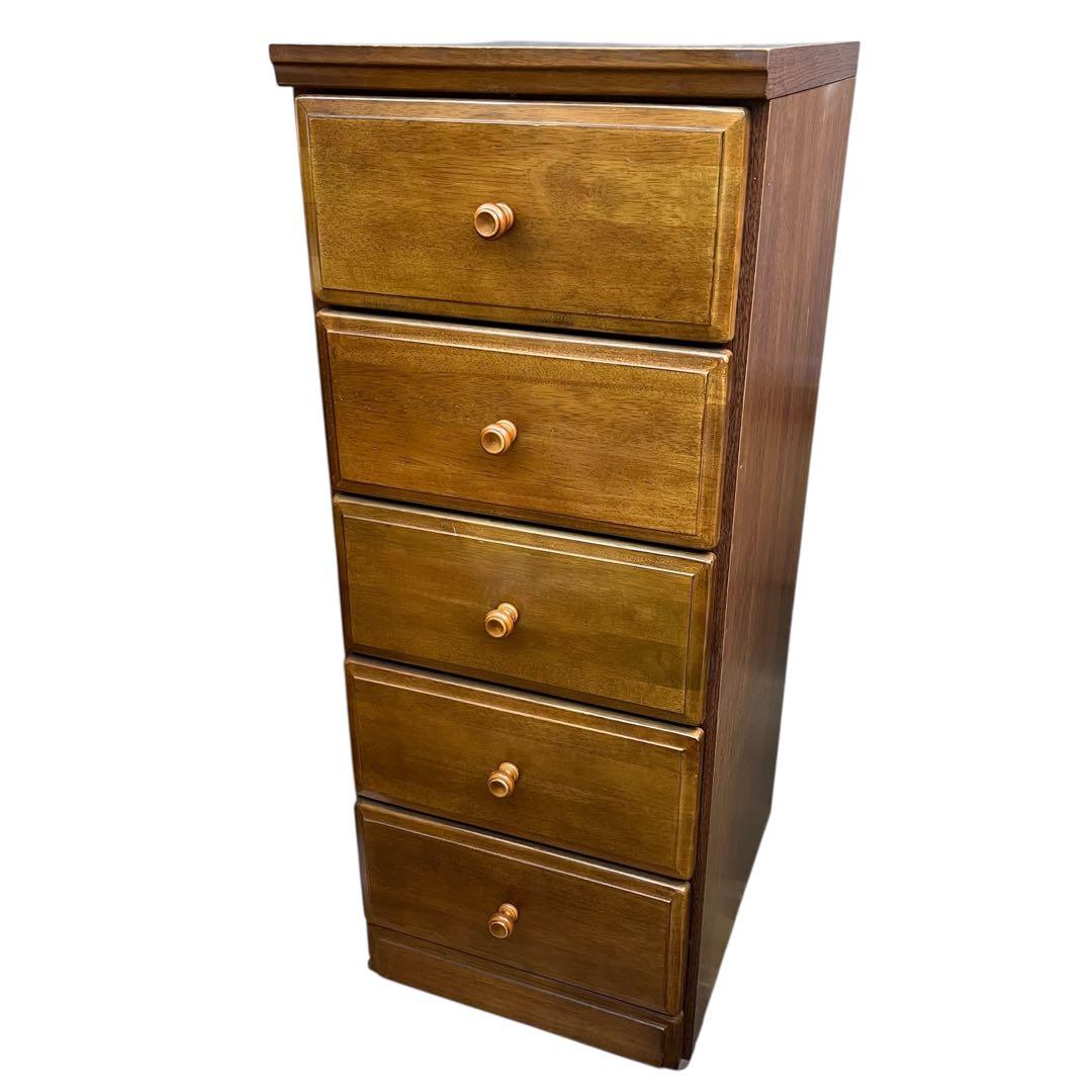 天然木 木製チェスト 5段 スリムタイプ 収納タンス ブラウン　整理タンス