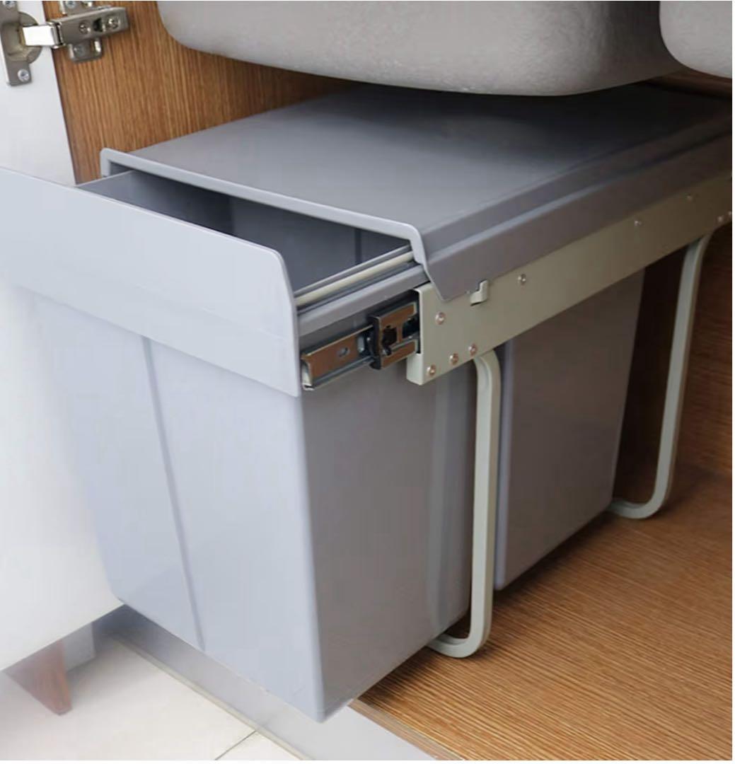 ふた付き二段式グレー引き出し式ゴミ箱