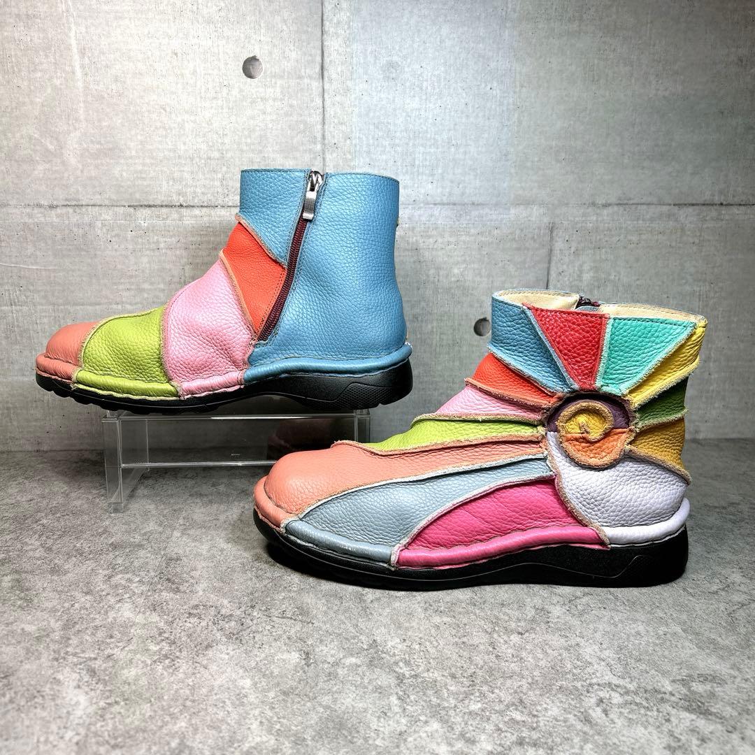 美品✨【エスタシオン】レザーショートブーツ/レインボー/厚底/コンフォート✨総柄