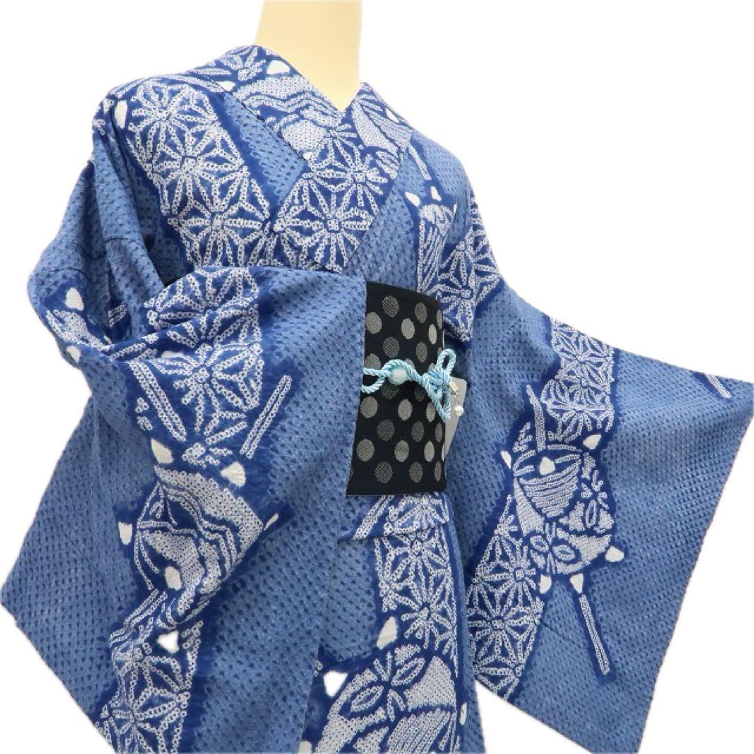 むぅママ✺美品 有松鳴海絞り 麻の葉 ゆったり 綿 高級浴衣 A3085