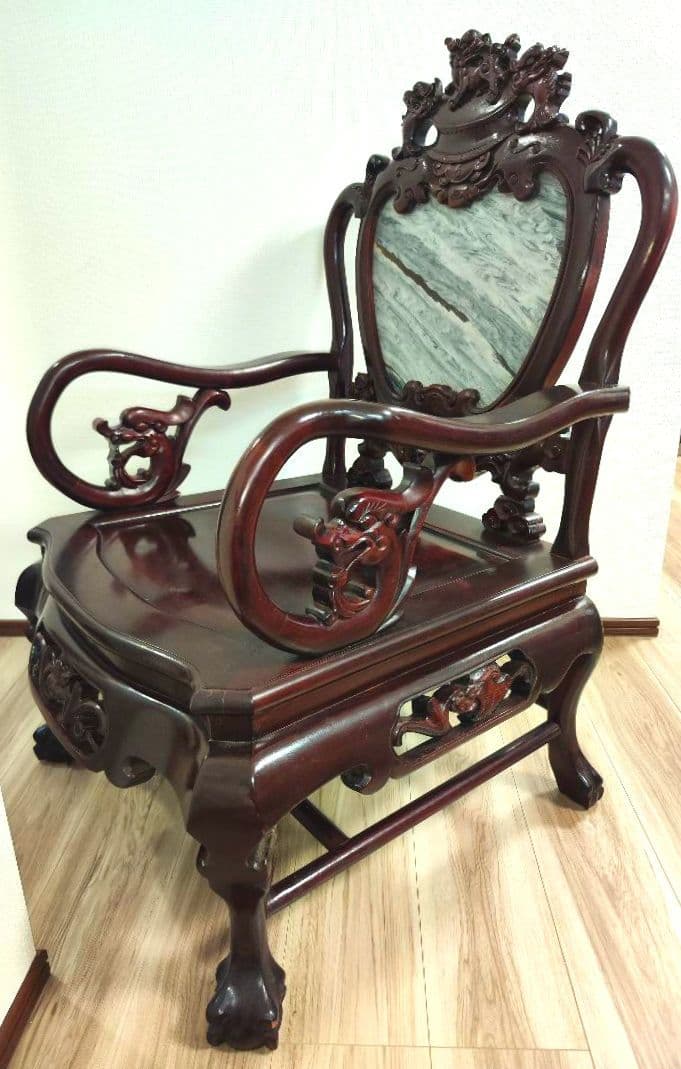 残り2脚　希少骨董　 大理石インレイ椅子　玉座　宮廷　紅木　紫檀黒檀花梨李朝　③