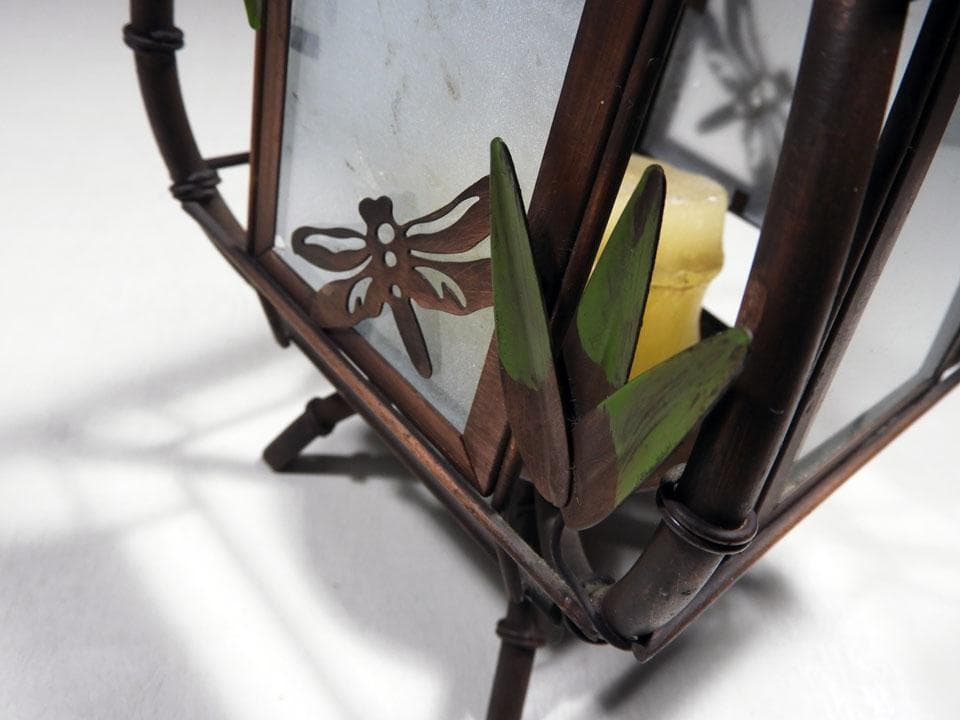 ●現代作 和物 銅製 行燈 蜻蛉 笹透かし紋 四面磨硝子 金工 重さ986ｇ