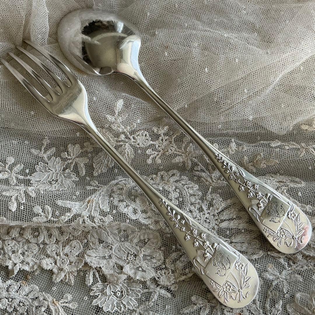 【D-２】フランスアンティーク　すずらん　１組　スプーン＆フォーク　モノグラム