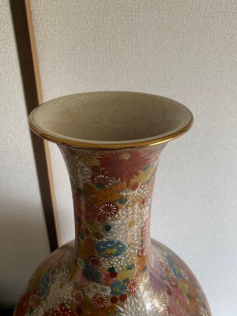 丸十　◯十　薩摩焼　薩摩藩　マーク　色絵金襴手花詰 花瓶　骨董　大変希少