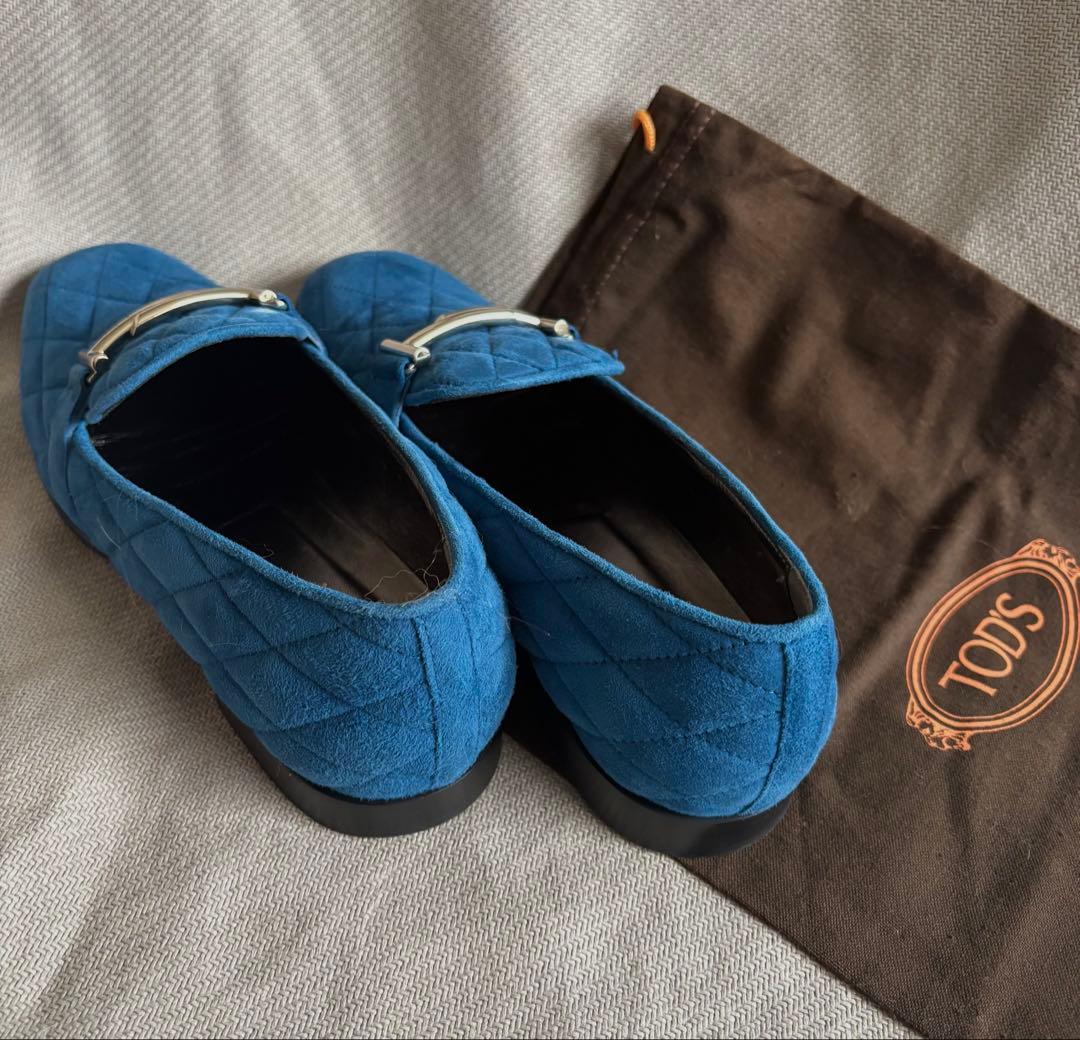 美品 トッズ ダブルT ローファー スエード ネイビー 38 1/2
