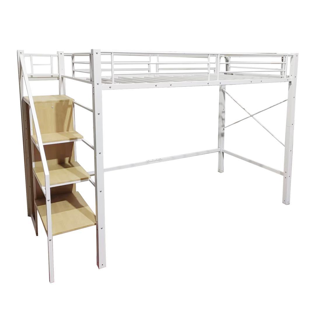 階段式ロフトベッド【S・シングル】　コンセント・ラック棚付き　WHITE