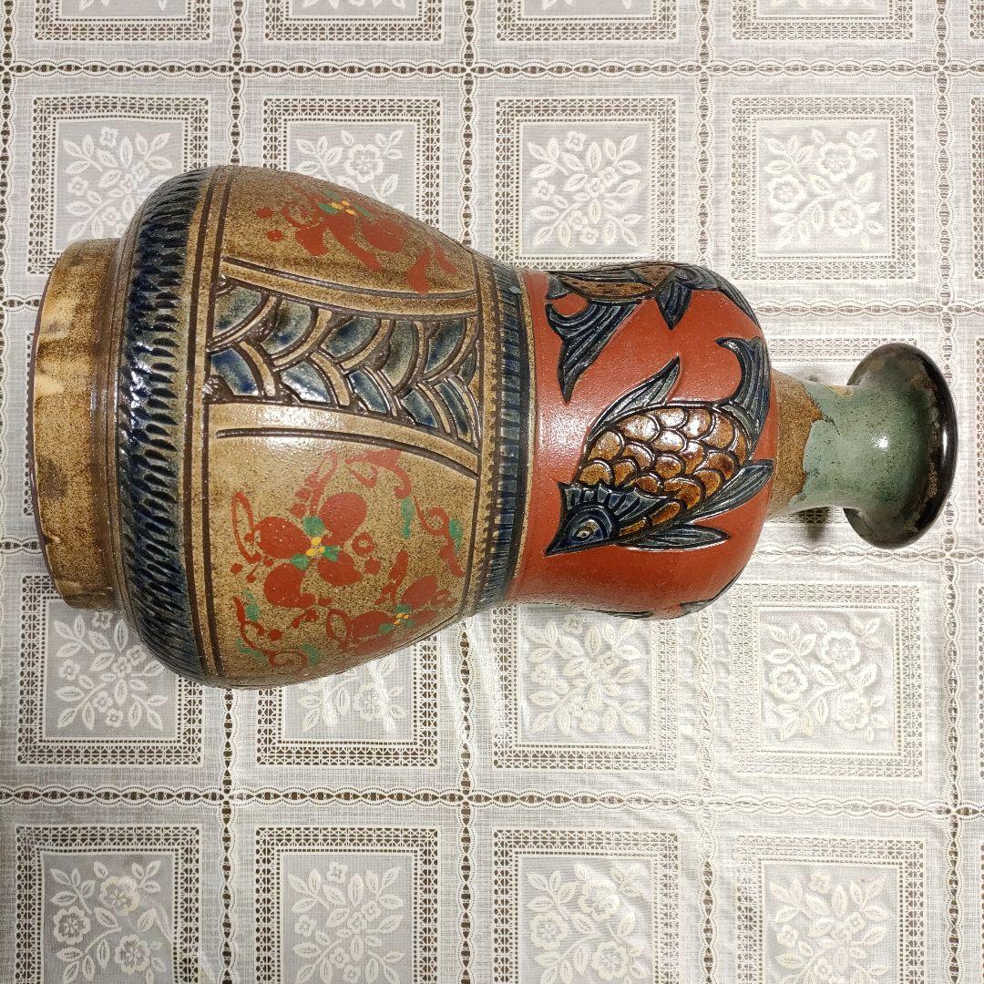 ★壺屋焼★小橋川清正 赤絵魚紋大壷 高さ３７ｃｍ、重量約５．５kg