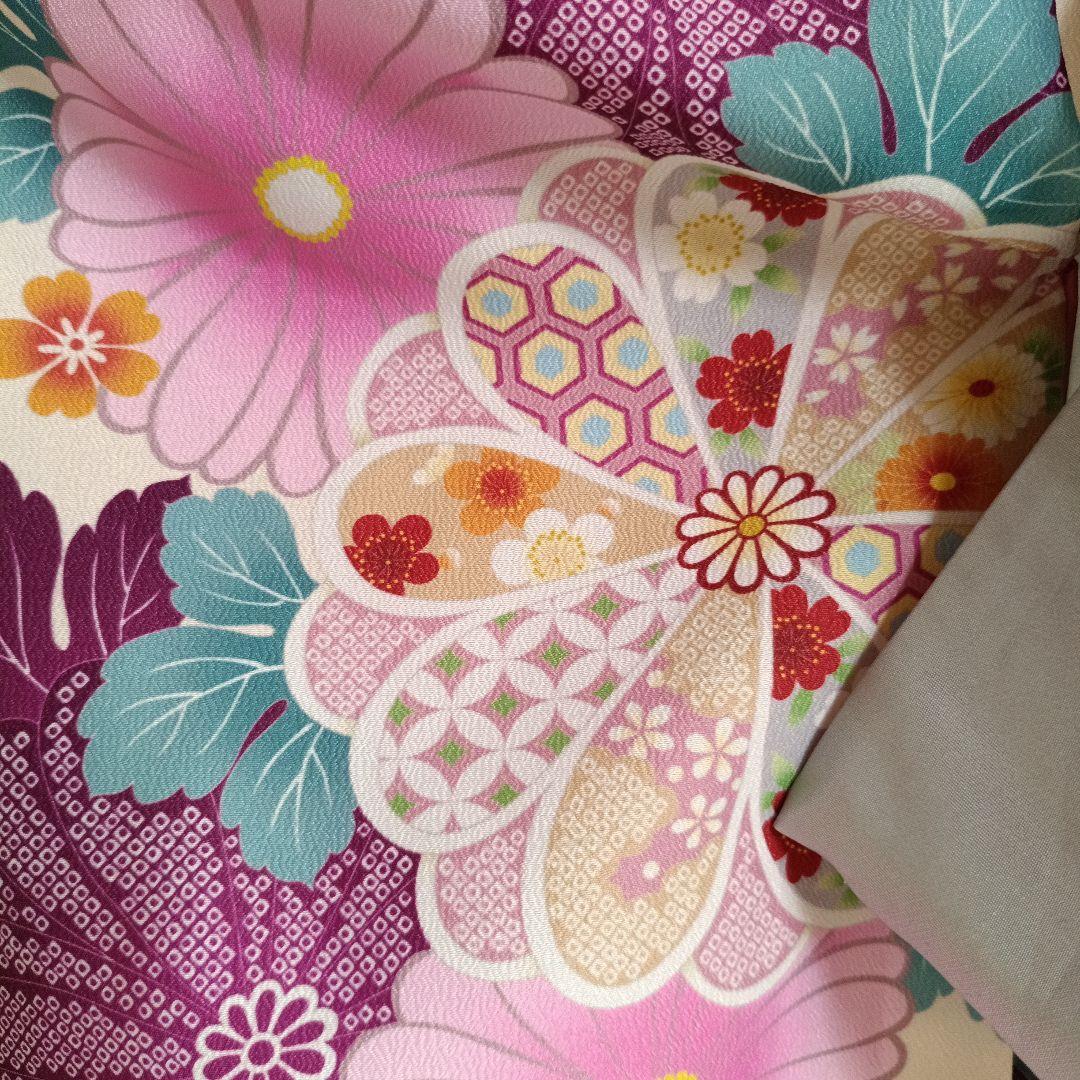 新品着物☆クリーム色大きな花模様☆作り帯フルセット