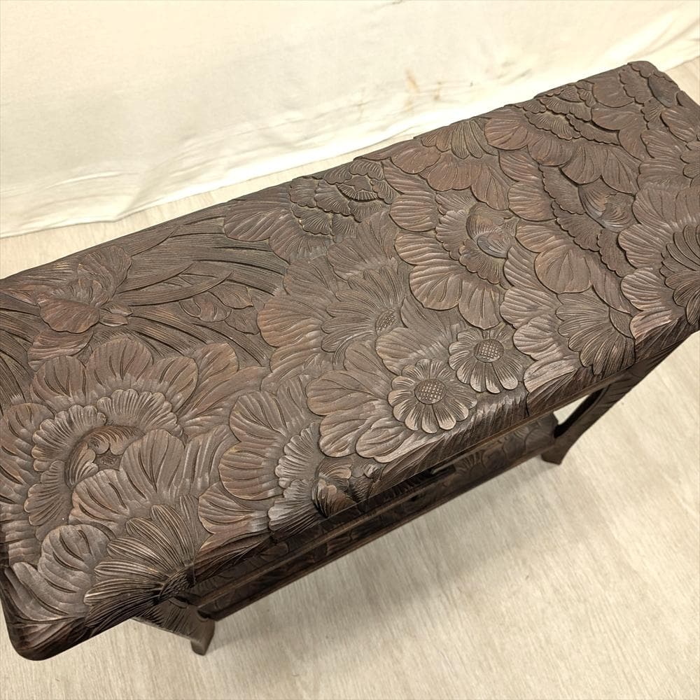 美品　日光彫り　飾り棚　違い棚　茶棚　オープンラック　棚　ラック　浮かし彫り