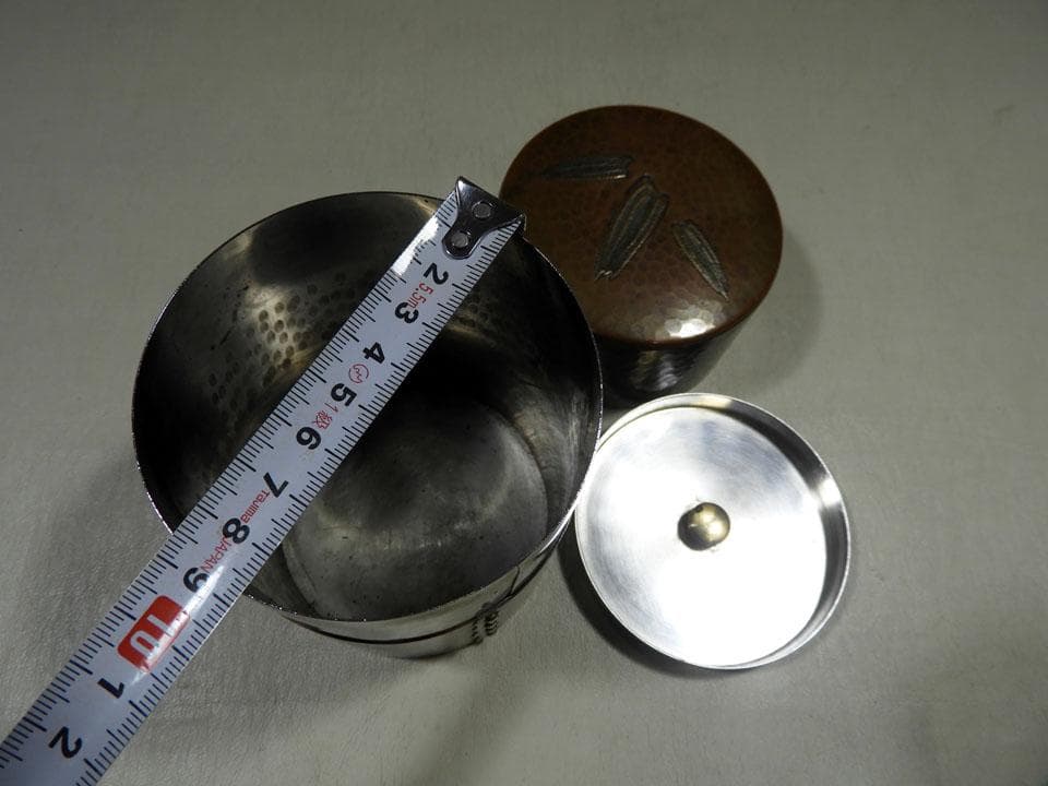 ●玉川堂 笹文 揃い 茶筒 + 茶托五客 鎚起銅 銅製 銅器 黄布 栞 共箱入り