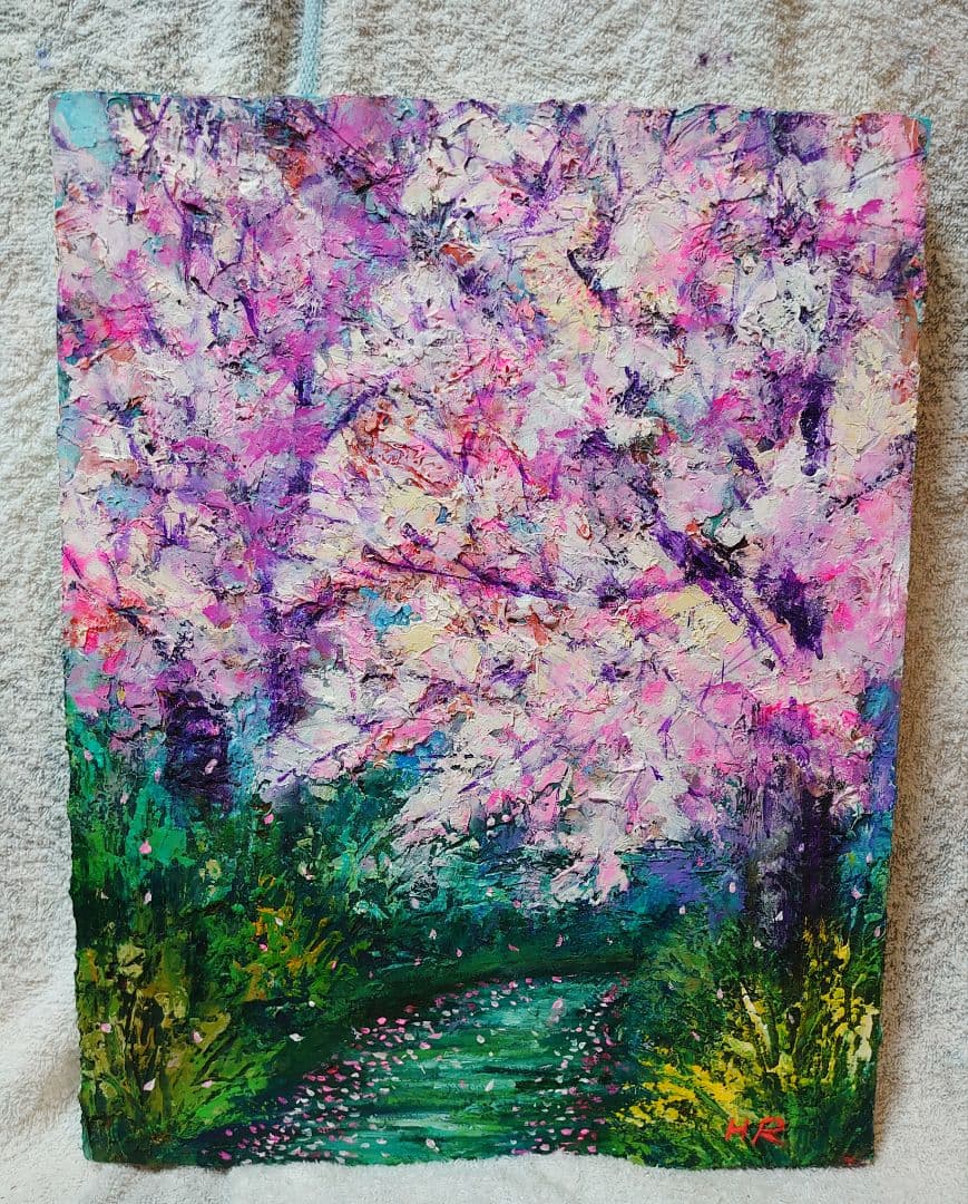 油絵 絵画【桜と川】