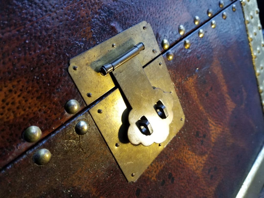 中世ゴシック　ウッド　トレジャー　チェスト　ピッグスキン　豚革　油絵　真鍮　宝箱