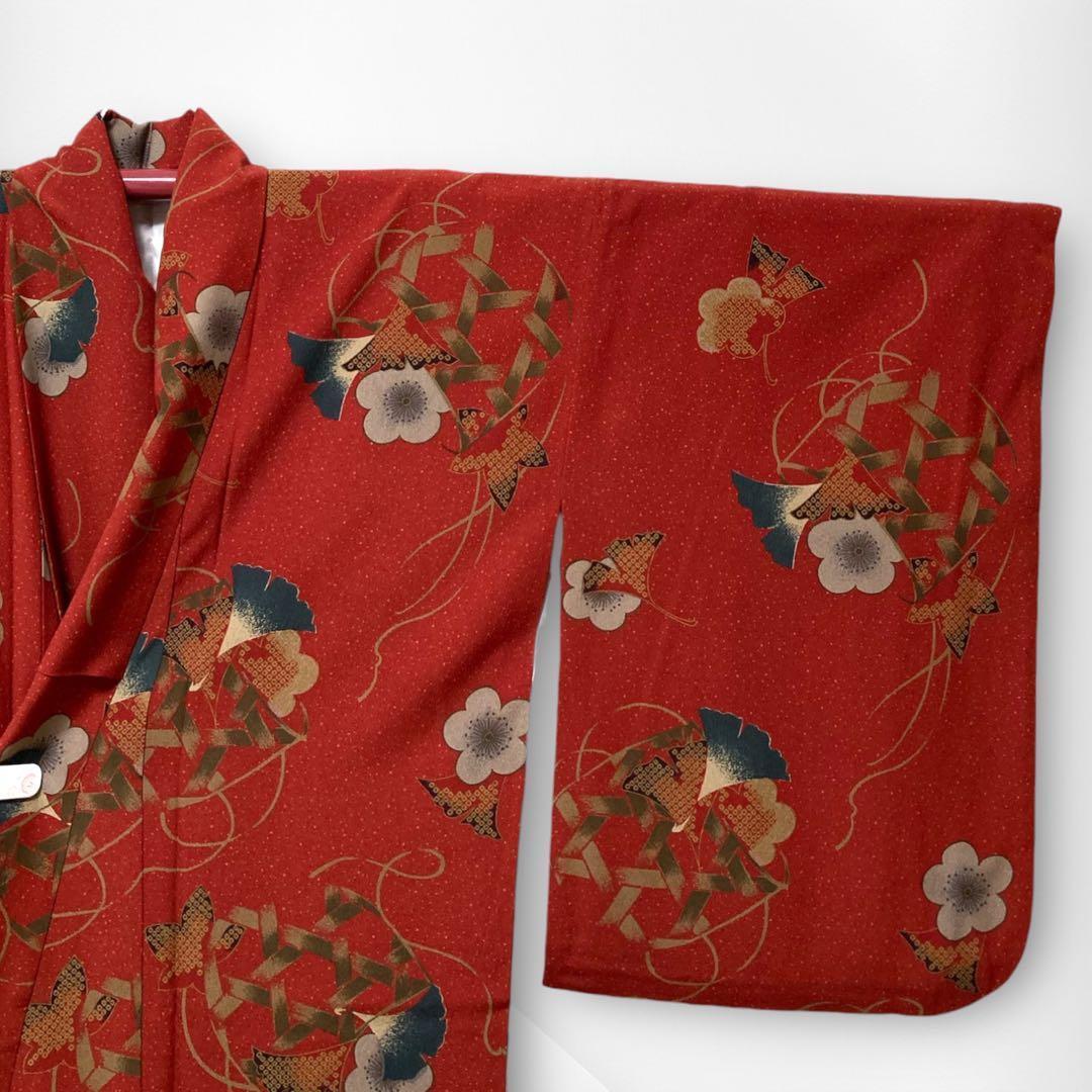 【美品✨】撫松庵　洗える着物　小紋　深緋色　イチョウ　梅　編み籠文様　O2