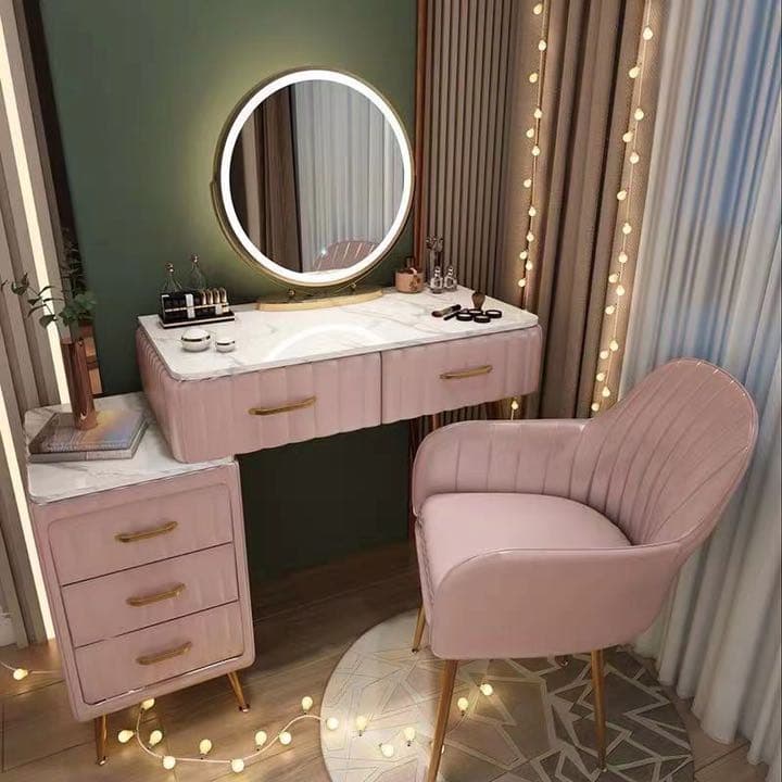 オシャレドレッサー　グレー　デスク引き出し2杯LEDミラー　椅子　棚4点セット