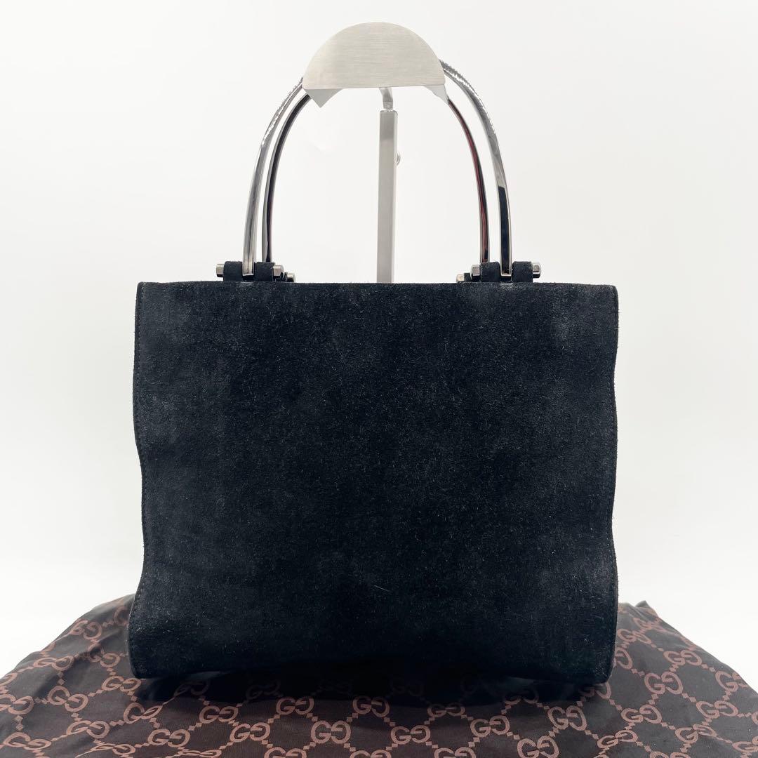 GUCCI スエード　メタルハンドル　ハンドバッグ　ブラック　レザー