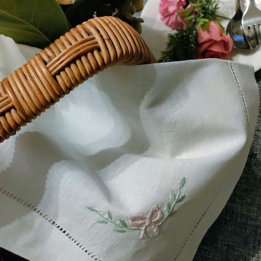 ♥新品 正方形 リネン キッチンクロス ランチクロス 刺繍 リボン 2枚セット