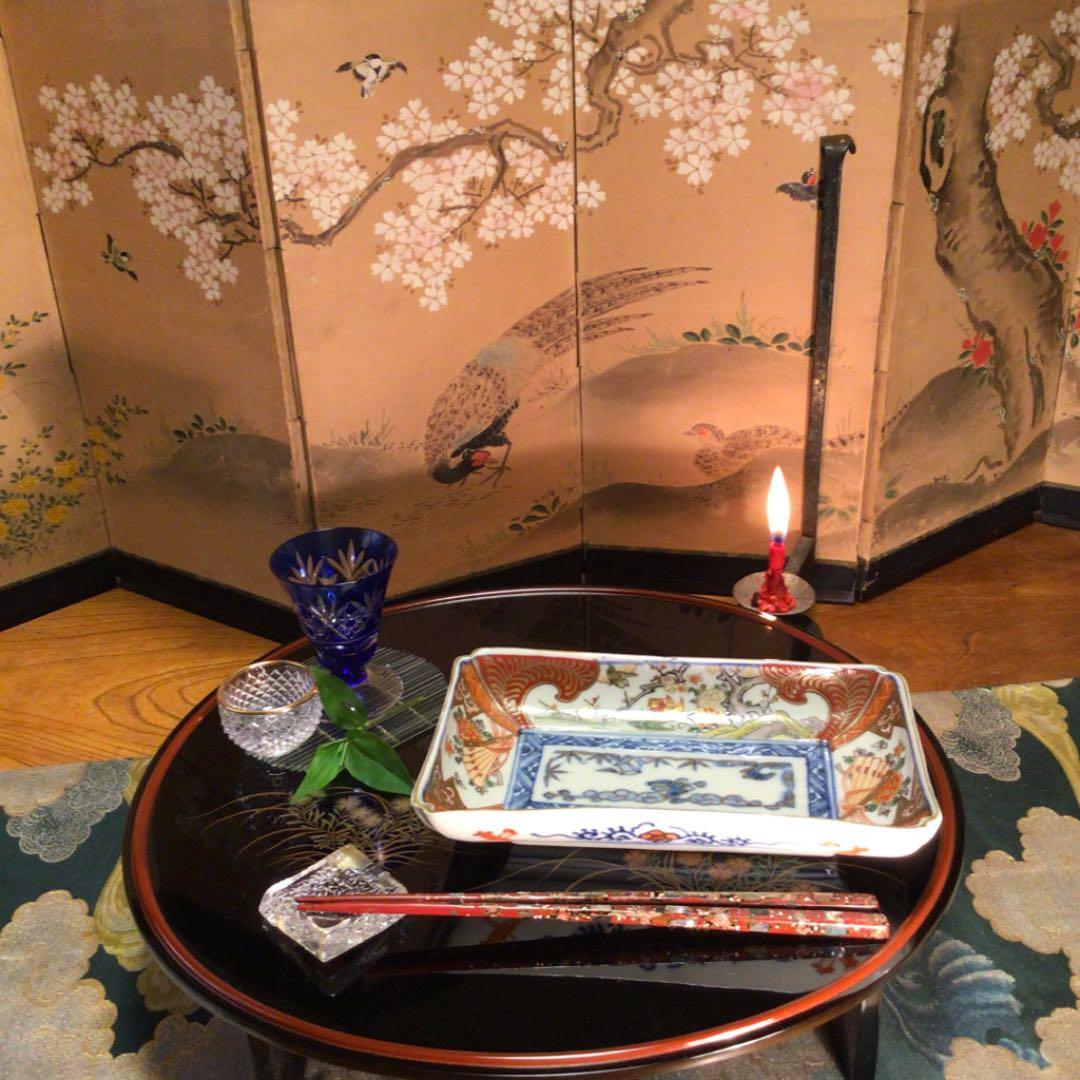 A549 古伊万里　上手　染錦手　おしどり牡丹　扇面に蝶紋様　隅切長皿　5枚