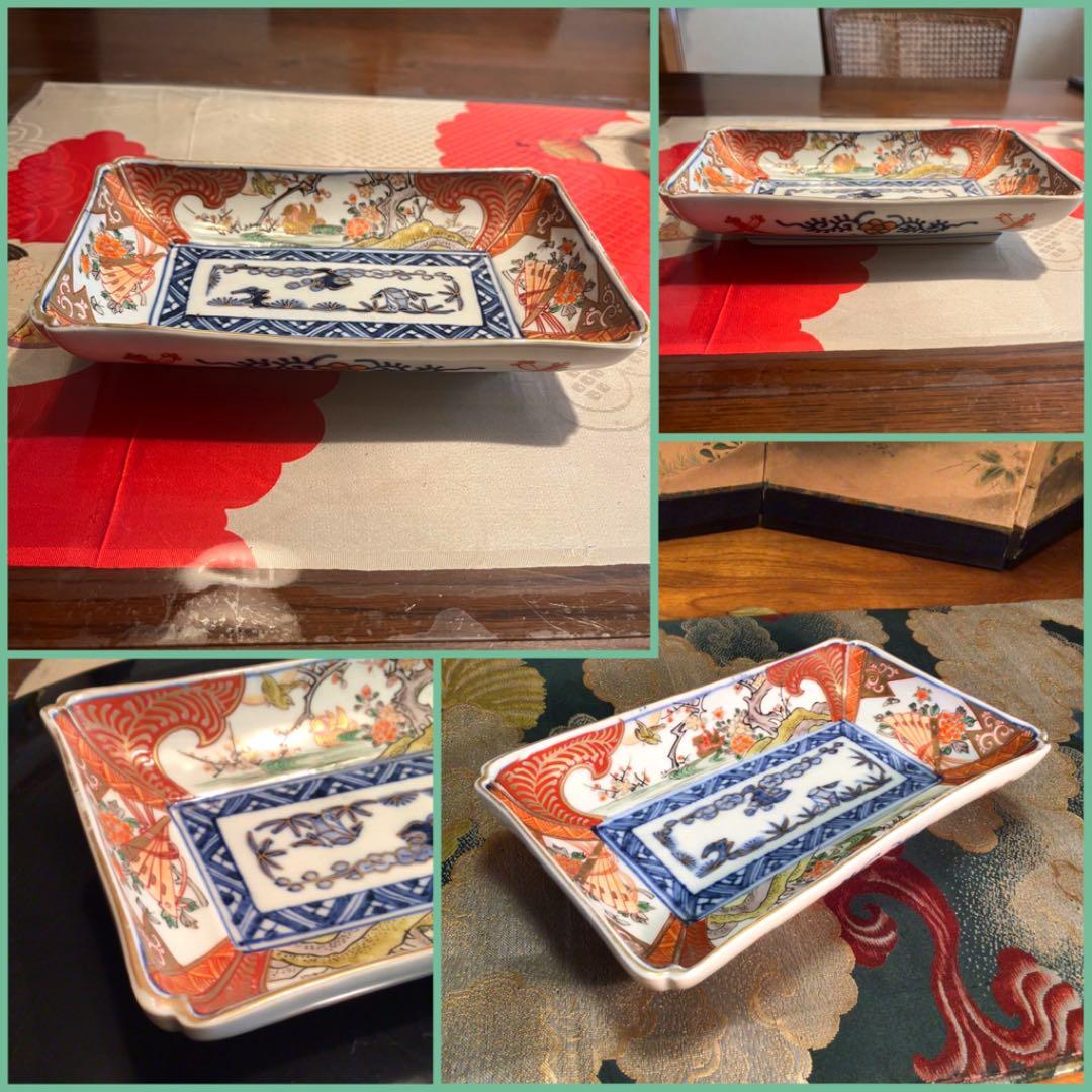 A549 古伊万里　上手　染錦手　おしどり牡丹　扇面に蝶紋様　隅切長皿　5枚