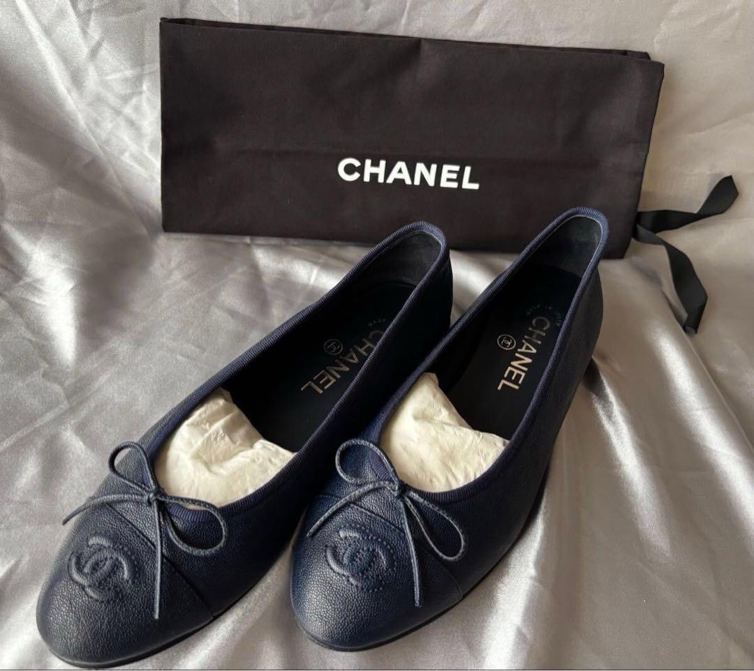 CHANEL シャネル ココマーク リボン バレエシューズ ネイビー