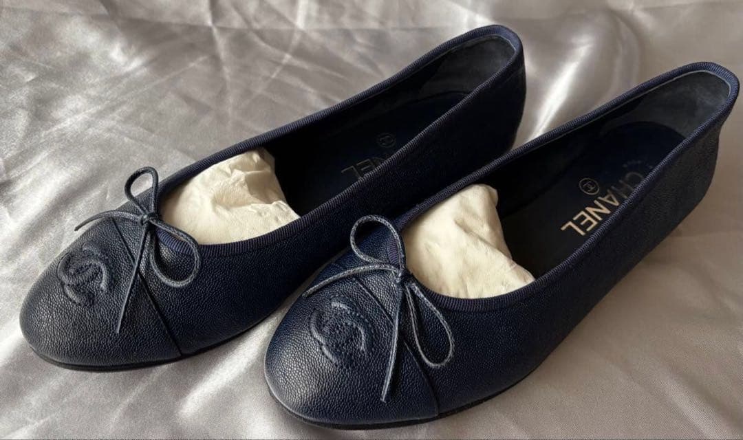 CHANEL シャネル ココマーク リボン バレエシューズ ネイビー