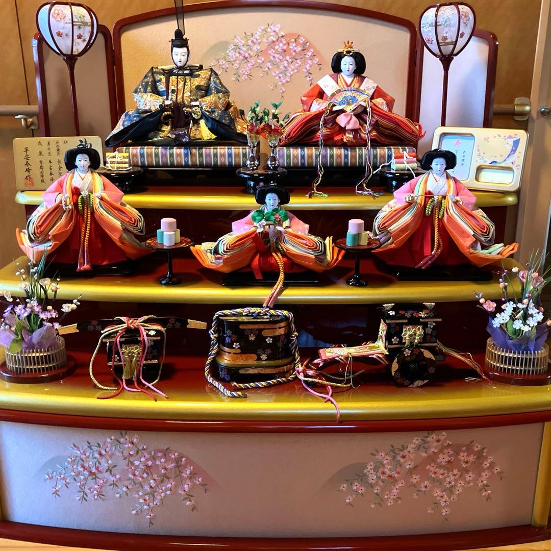 御京雛②平安春峰作　雛人形　三段飾り　お雛様　京都西陣織り　ひな人形3段　桜刺繍