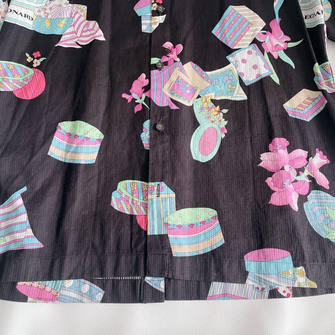 美品✨ LEONARD レオナール 長袖シャツ 総柄　日本製　サイズ40 黒　花