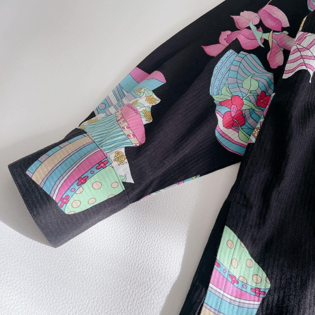 美品✨ LEONARD レオナール 長袖シャツ 総柄　日本製　サイズ40 黒　花