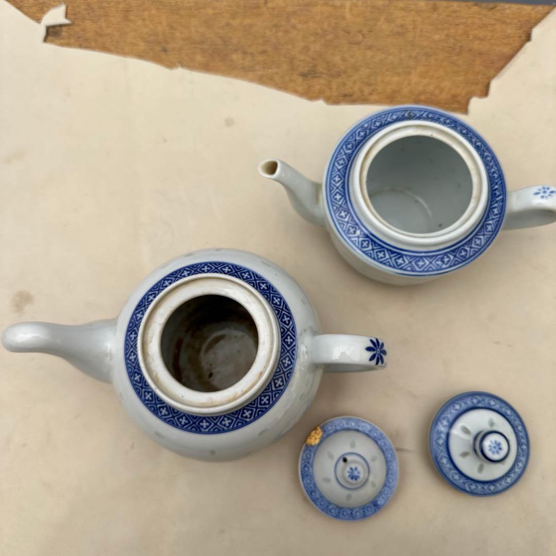 景徳鎮製大量まとめ　青花茶器セット ポット2点 湯呑19客 中国茶器 煎茶道具