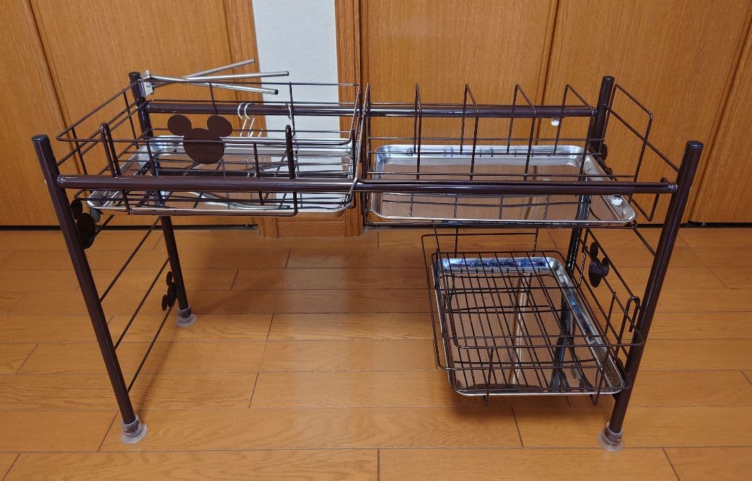 【中古】ベルメゾン ディズニー 水切りラック ブラウン ワイド ミッキーモチーフ