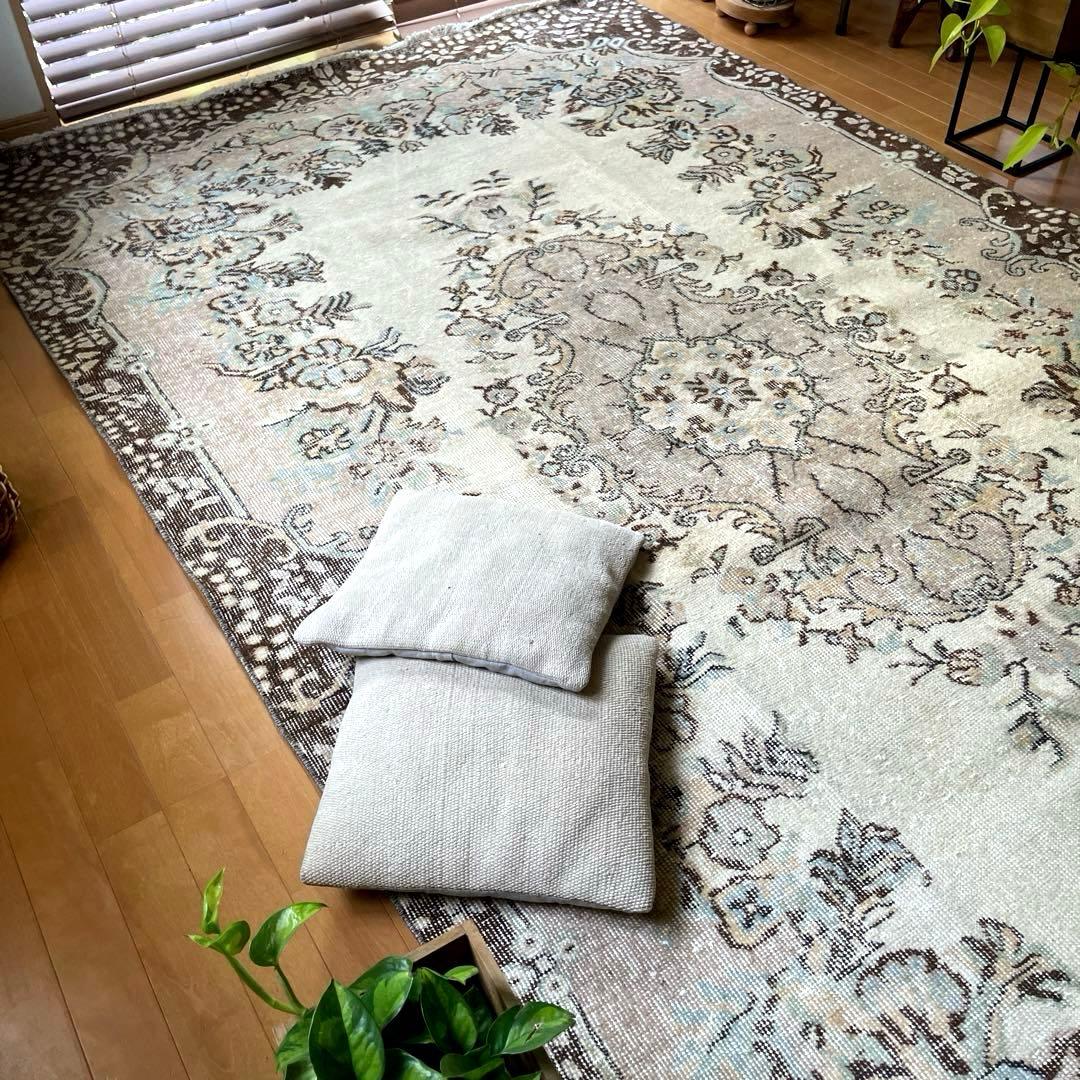 超大判170×292 フローラルメダリオン　グレージュ　トルコヴィンテージラグ