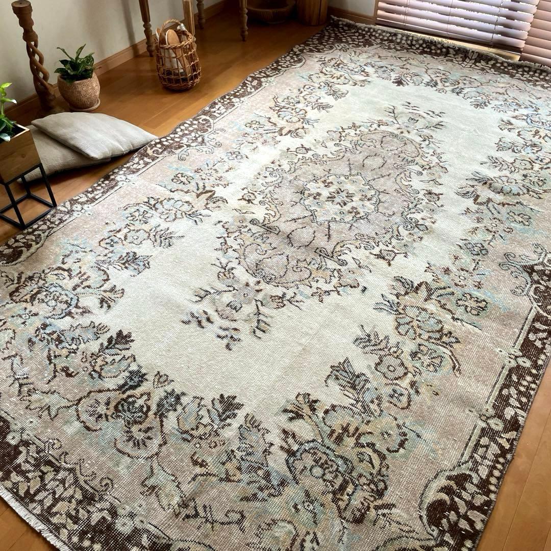 超大判170×292 フローラルメダリオン　グレージュ　トルコヴィンテージラグ