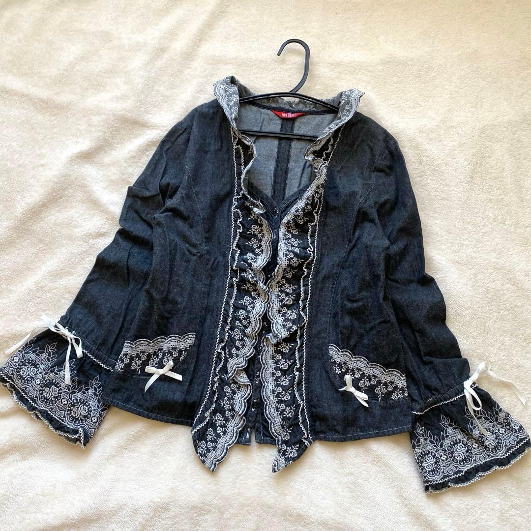 PINK HOUSE デニムトップス 重ね着風 フリル刺繍 リボン