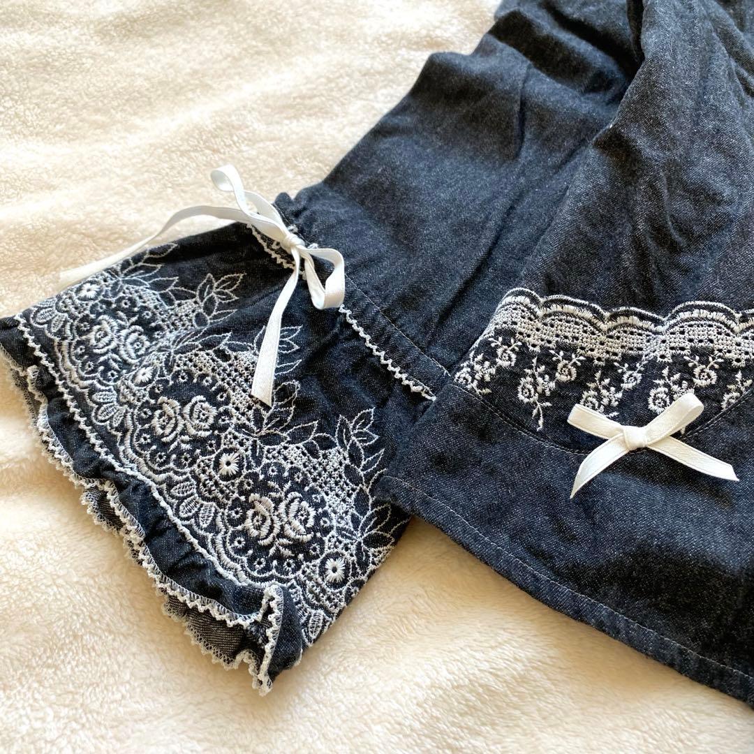 PINK HOUSE デニムトップス 重ね着風 フリル刺繍 リボン