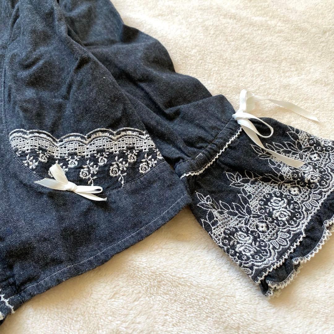 PINK HOUSE デニムトップス 重ね着風 フリル刺繍 リボン