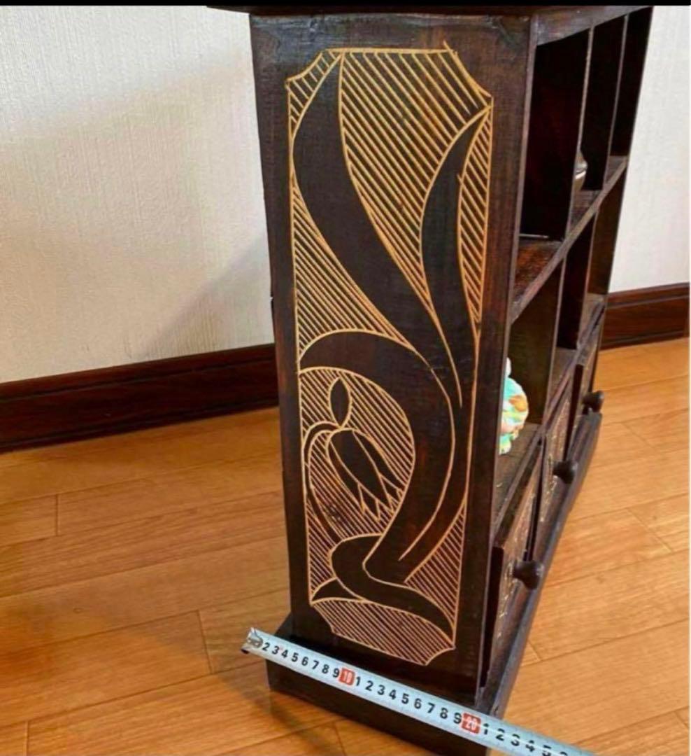 レトロアンティーク家具アジアン家具ディスプレイ棚木製家具ロータス蓮の花手彫り彫刻