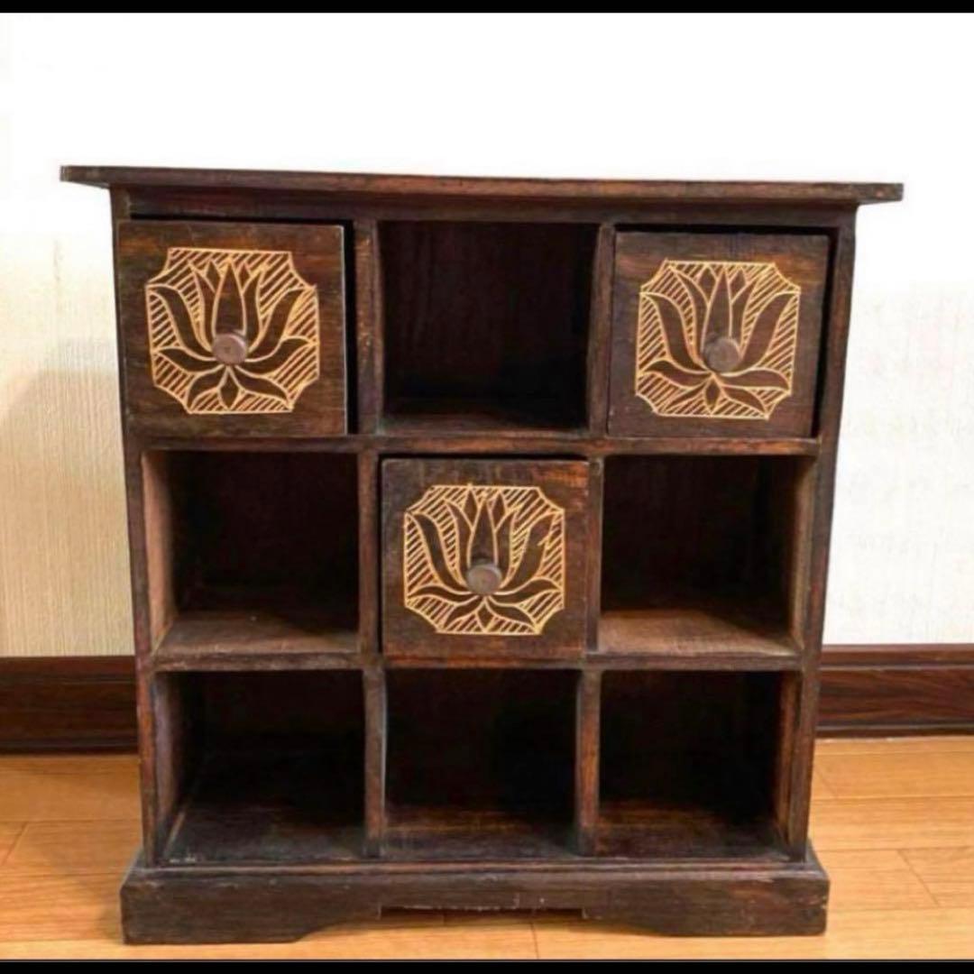 レトロアンティーク家具アジアン家具ディスプレイ棚木製家具ロータス蓮の花手彫り彫刻