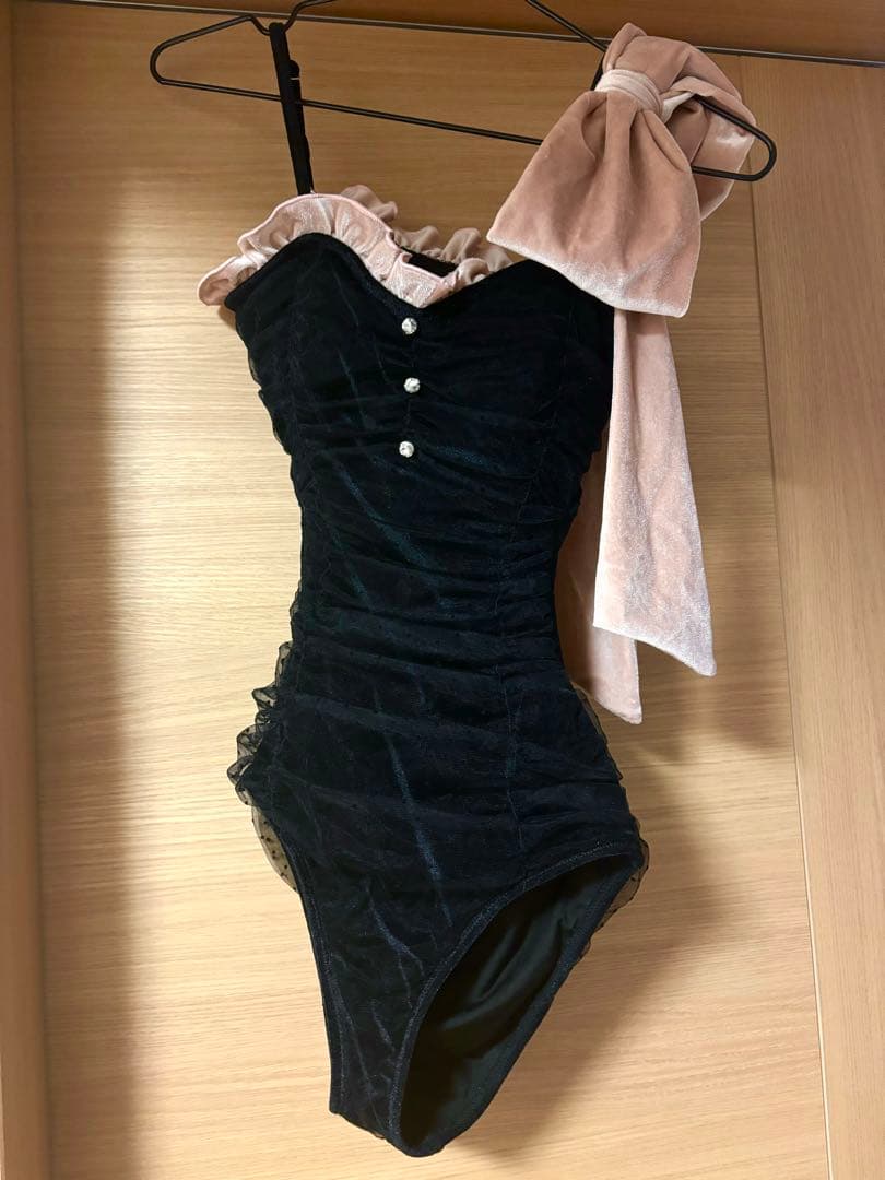 Velour ribbon asymmetrical swimwear 水着
