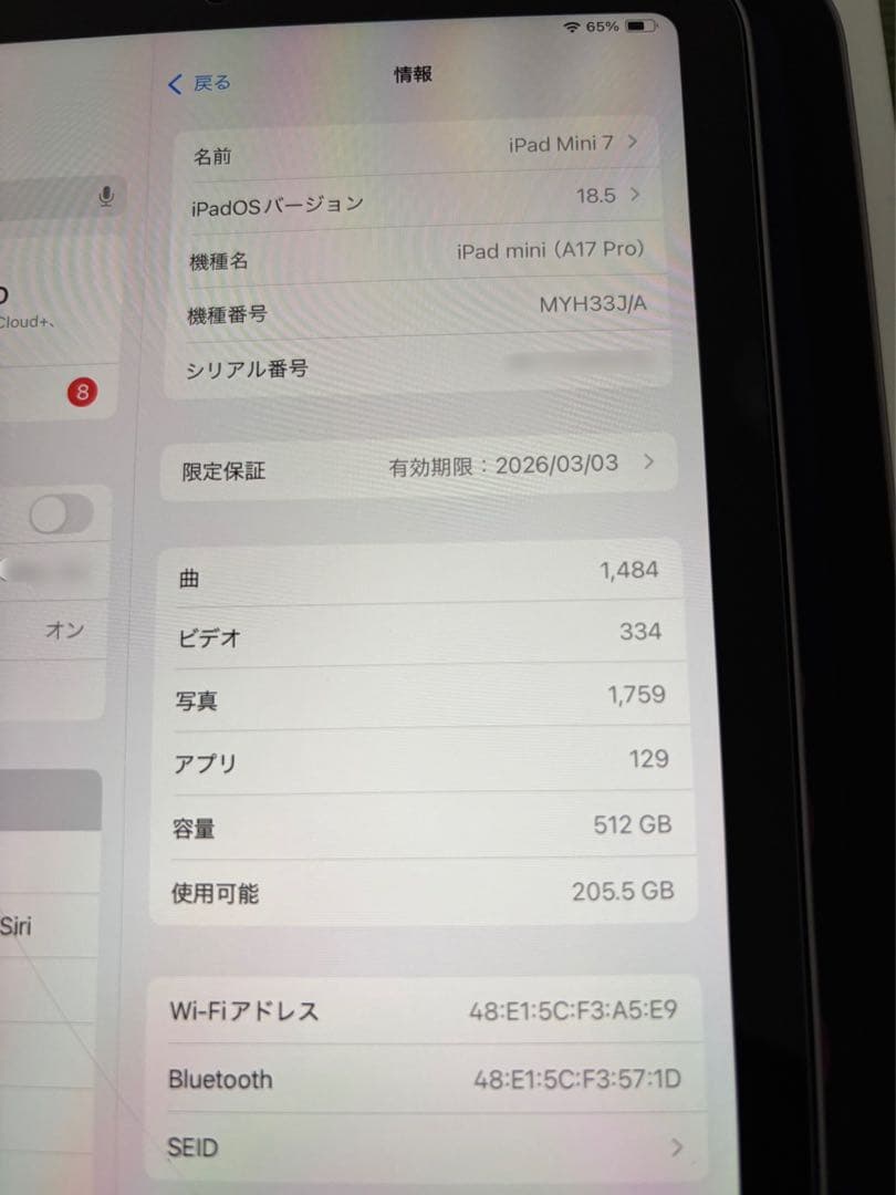 iPad mini7 (A17 Pro) Wi-Fi 512GB ジャンク品