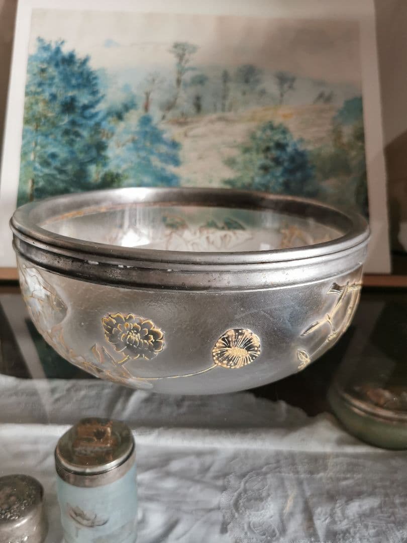 アンティーク サグリエ ドーム アシッド＆透明ガラス 宿り木 蒲公英 銀縁大深鉢